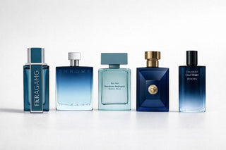 Best perfume for men in Pakistan featuring Salvatore Ferragamo Intense Leather, Azzaro Chrome Parfum For Men, Narciso Rodriguez For Him Vetiver Musc, Versace Dylan Blue, and Davidoff Cool Water Reborn on white background.