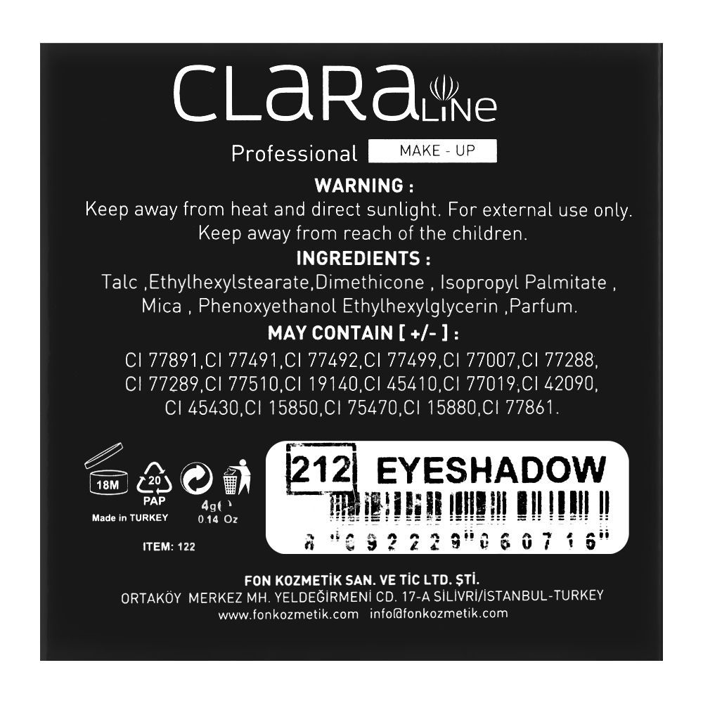 Claraline Professional High Definition Compact Eyeshadow- 212 - AllurebeautypkClaraline Professional High Definition Compact Eyeshadow- 212