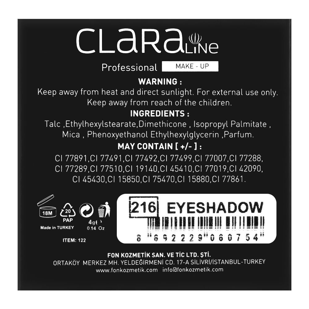 Claraline Professional High Definition Compact Eyeshadow- 216 - AllurebeautypkClaraline Professional High Definition Compact Eyeshadow- 216