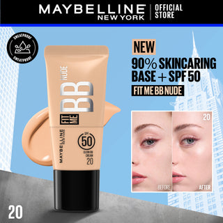 Maybelline Fit Me BB Nude foundation tube with product application and before/after effects on a blue background.
