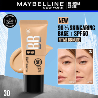 Maybelline Fit Me BB Nude foundation tube with product application on face and before/after comparison on a blue background.