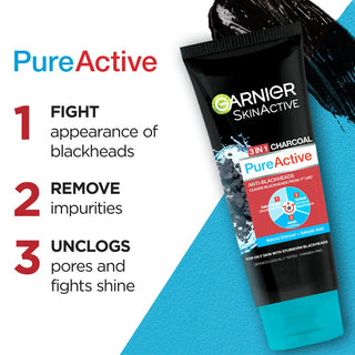 Garnier 3 In1 Pure Active Charcoal Face Wash Mask Scrub 100 ml - AllurebeautypkGarnier 3 In1 Pure Active Charcoal Face Wash Mask Scrub 100 ml