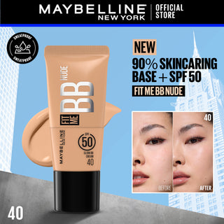 Maybelline Fit Me BB Nude foundation tube with product application on face, against a blue background.