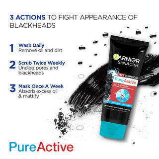 Garnier 3 In1 Pure Active Charcoal Face Wash Mask Scrub 100 ml - AllurebeautypkGarnier 3 In1 Pure Active Charcoal Face Wash Mask Scrub 100 ml