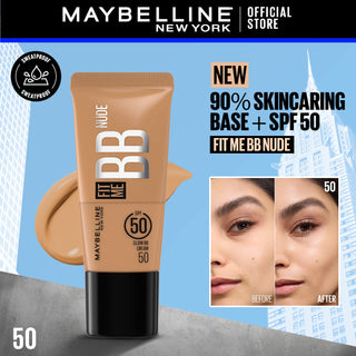 Maybelline Fit Me! BB Nude foundation tube with product application on a blue background