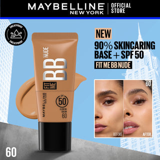 Maybelline New York Fit Me BB Nude foundation tube with product application on a blue background