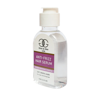 Anti-frizz hair serum bottle with Glow & Glee USA label on a white background
