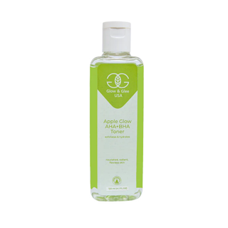 Bottle of Apple Glow toner with a green label on a white background