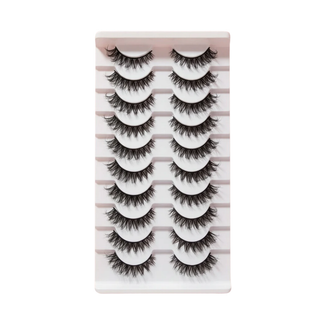 Set of false eyelashes on a striped tray with a white background