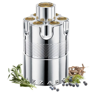 Silver Azzaro perfume bottle with decorative elements on a white background