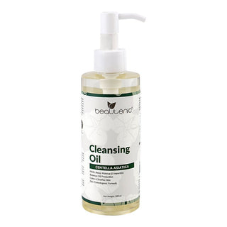 Bottle of cleansing oil with a pump on a white background
