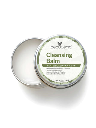 Cleansing balm tin with green label on a white background