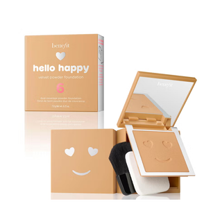 Benefit hello happy velvet powder foundation with packaging on a white background