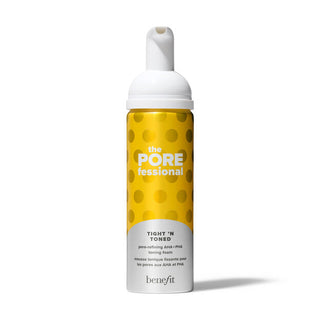 Benefit Porelessional toner bottle with yellow and white design on a white background