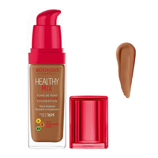 Bourjois Healthy Mix foundation bottle with red cap and applicator on a white background