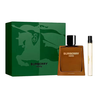 Burberry Hero perfume set with green box and brown bottle on a white background