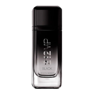 Perfume bottle labeled '2:12 VIP Black' by Carolina Herrera on a white background