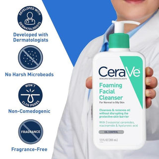 CeraVe foaming facial cleanser held by a person with product features highlighted.