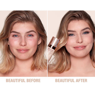Before and after comparison of a woman's face with a skincare product, set against a neutral background.