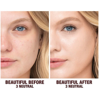 Before and after comparison of a woman's face with visible makeup changes.