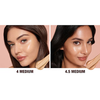 Two women with different skin tones showing makeup application on a beige background.