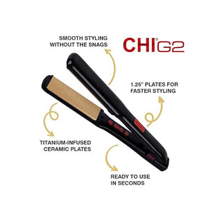 Hair straightener with features highlighted on a white background, including 'CHI G2' branding.