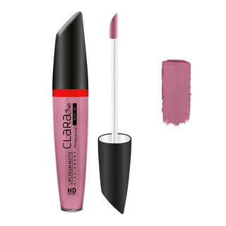Pink lip gloss with black cap and applicator on a white background