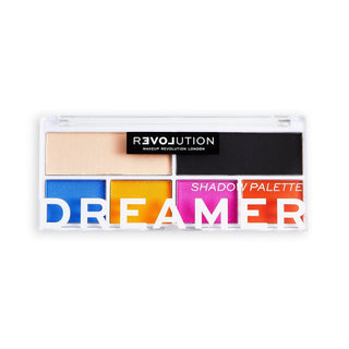 Makeup Revolution Shadow Palette with colorful swatches on a white background