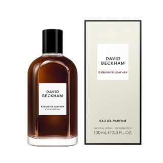 David Beckham Exquisite Leather perfume bottle and packaging on a white background