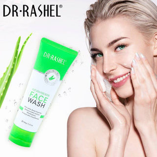 Dr. Rashel face wash with a model touching her face on a white background