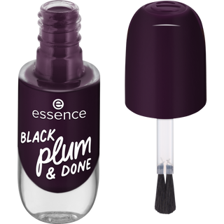 Nail polish bottle with brush and 'Black Plum & Done' text on a white background