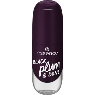 Purple nail polish bottle with 'essence' branding and text on a white background