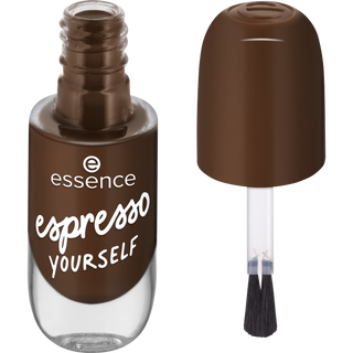 Brown nail polish bottle with brush and 'espresso yourself' text on a white background
