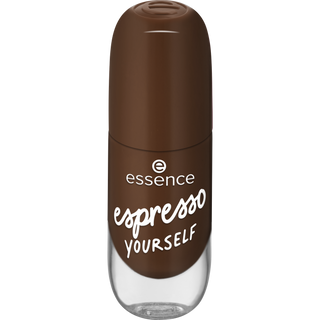 Brown nail polish bottle with 'essence espresso yourself' text on a white background