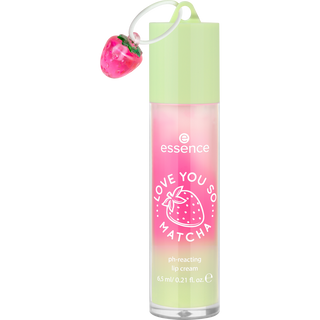 Essence lip cream with strawberry design on a white background