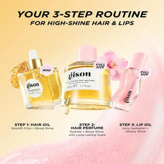 Gison hair and lip care product set with step-by-step routine on a pink background