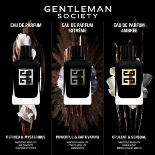 Three bottles of Gentleman Society eau de parfum with descriptive text on a black background.