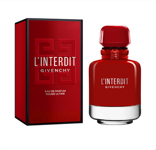 Red Givenchy L'Interdit perfume bottle and packaging on a white background
