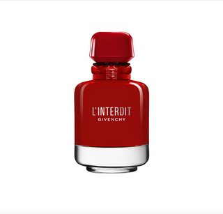 Red Givenchy L'Interdit perfume bottle on a white background