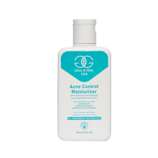Acne control moisturizer bottle with Glow & Glee branding on a white background