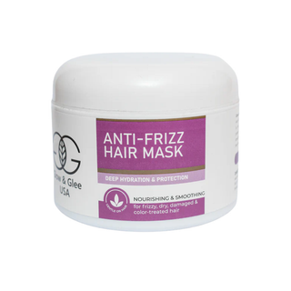 Anti-frizz hair mask jar with purple label on a white background