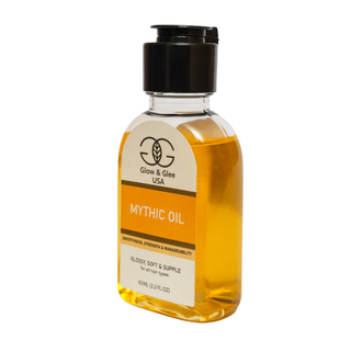 Bottle of Mythic Oil with a black cap on a white background