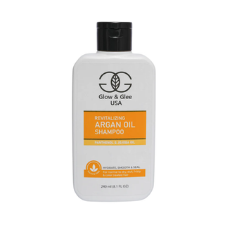 Shampoo bottle with 'Glow & Glee' branding on a white background