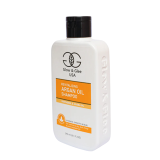 Shampoo bottle labeled 'Glow & Glee USA' with argan oil on a white background