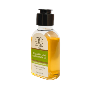 Bottle of Glow & Glee USA Rosemary Mint Hair Growth Oil on a white background