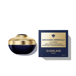 Guerlain Orchidee Imperiale cream jar and packaging on a white background
