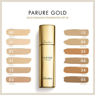 Parure Gold foundation bottle with color swatches on a white background