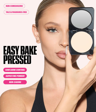 Woman holding a compact powder with product features listed on a pink background