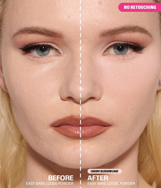 Before and after comparison of a woman's face using Easy Bake Loose Powder with 'No Retouching' label.