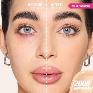 Before and after comparison of a woman's face with retouching effects applied.